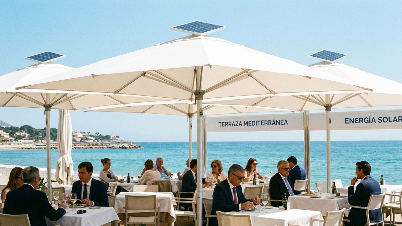 Aplicaciones sombrillas cargador solar en terraza de restaurante