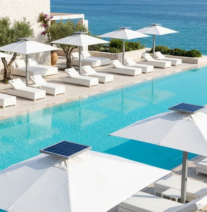Aplicaciones sombrillas cargador solar en beach club de playa